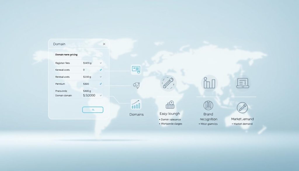 A clean, modern infographic depicting the key factors that influence domain name pricing. The foreground features a clean wireframe of a domain name registration interface, with pricing metrics like registration fees, renewal costs, and premium domain charges prominently displayed. The middle ground shows abstract icons and data visualizations representing factors such as domain length, keyword relevance, brand recognition, and market demand. The background has a minimalist, slightly blurred world map to convey the global nature of domain registration. Bright, airy lighting with a cool, professional color palette creates a sleek, informative atmosphere.