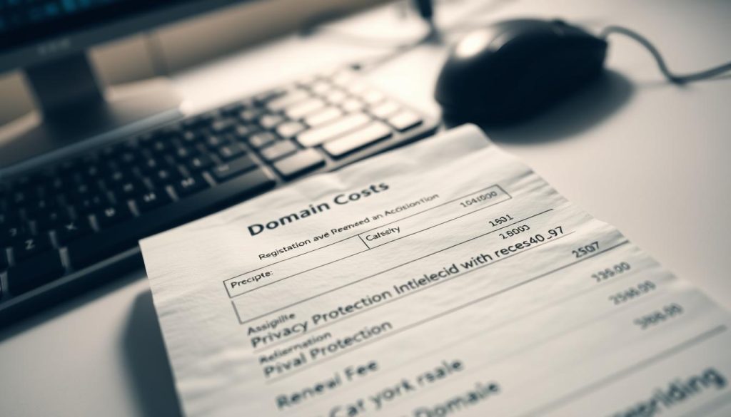 A closeup view of a domain name registration receipt, showcasing the various fees and hidden costs associated with purchasing a domain. The foreground highlights the breakdown of charges, including registration, privacy protection, and renewal fees. The middle ground features a keyboard and mouse, emphasizing the digital nature of the transaction. The background is a subtly blurred office scene, creating a professional and business-like atmosphere. Soft, directional lighting illuminates the scene, casting gentle shadows and highlights to accentuate the details. The overall mood is one of financial awareness and attention to detail, reflecting the "Hidden Costs and Additional Fees" section of the article.