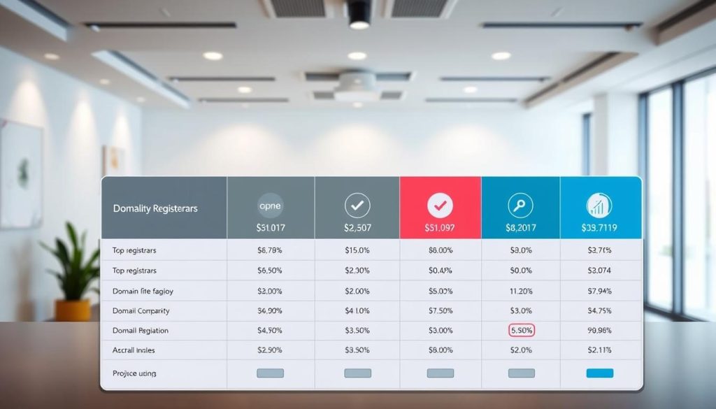 A high-quality, detailed comparison of domain registrar prices, featuring a sleek, modern user interface. In the foreground, a clean grid layout showcases the key pricing details of several top registrars, with clear icons and precise numerical values. The middle ground includes subtle infographic elements like charts and graphs, providing visual context for the pricing data. The background features a minimalist, well-lit office setting with soft, directional lighting, lending an air of professionalism and authority to the scene. The overall mood is one of efficiency, clarity, and data-driven decision making, perfectly suited to illustrate the "Domain Registrars: Price Comparison" section of the article.