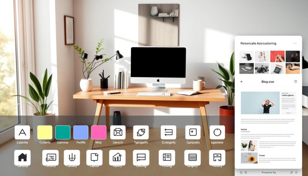 A modern, clean-designed home office interior with a minimalist wooden desk, a desktop computer, and various office supplies such as a notebook, pen, and a plant. The room is well-lit with natural light streaming in through large windows, casting a warm, cozy atmosphere. In the foreground, there are various blog customization tools and icons, including a color palette, typography options, and website layout templates, all presented in a visually appealing and organized manner. The overall scene conveys a sense of productivity, creativity, and the ability to personalize and optimize a blog's design for maximum impact.