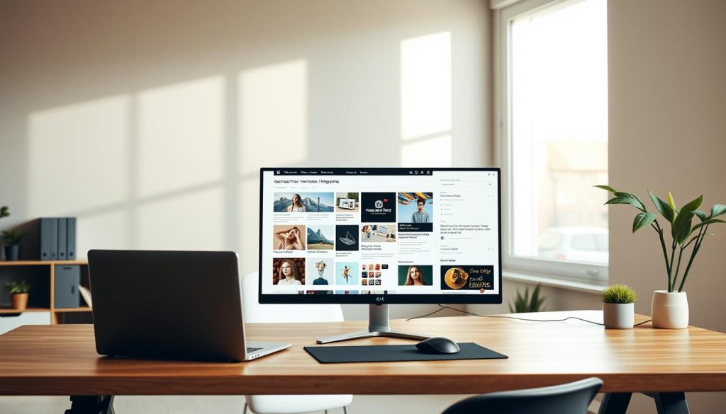 A spacious home office with a clean, minimalist aesthetic. On a wooden desk, a laptop, a mouse, and a stylish desktop monitor display a blog post with several high-quality images. The blog post showcases photography, illustrations, and infographics, all arranged in a visually appealing layout. Soft, natural lighting filters through a large window, casting a warm glow on the scene. The background features muted, neutral-toned walls, adding to the calm, professional atmosphere. The overall composition conveys a sense of productivity, creativity, and the process of crafting an engaging blog post.