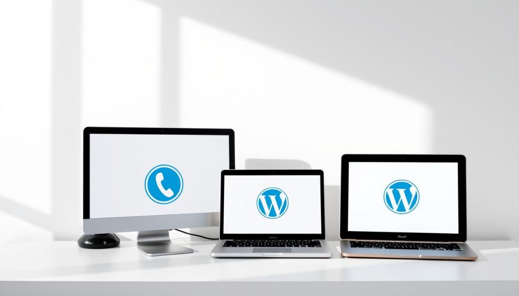A well-lit office scene with a desktop computer, a laptop, and a tablet arranged in a row, each displaying a different blogging platform's logo. The devices are set against a minimalist white background, casting soft shadows. The lighting is natural, creating a crisp, professional atmosphere. The overall composition suggests a comparison of the key features and capabilities of popular blogging platforms, inviting the viewer to consider the best fit for their needs.
